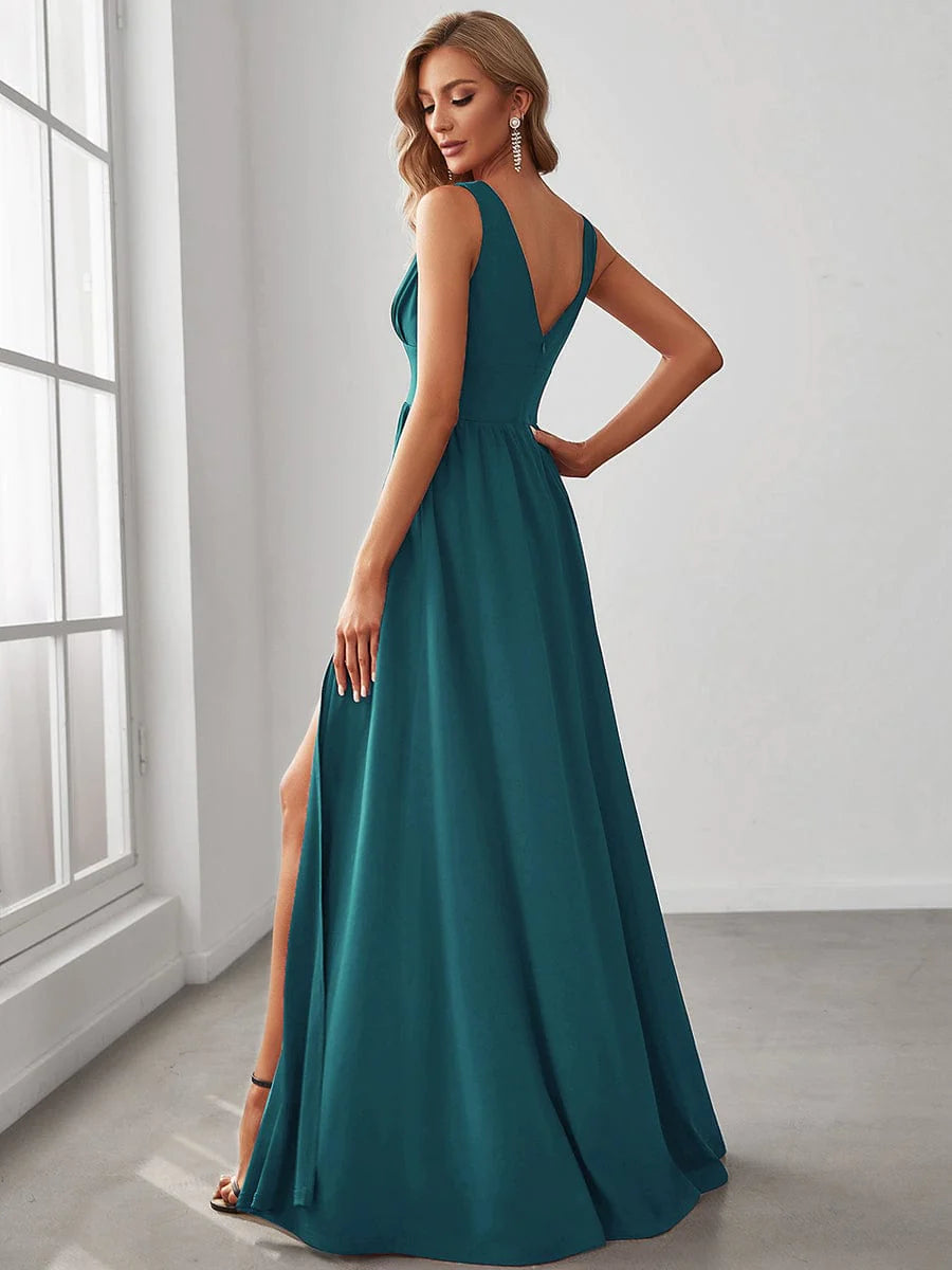 Weitese Sleeveless V-Neck Empire Waist High Slit Floor-Length Evening Dress