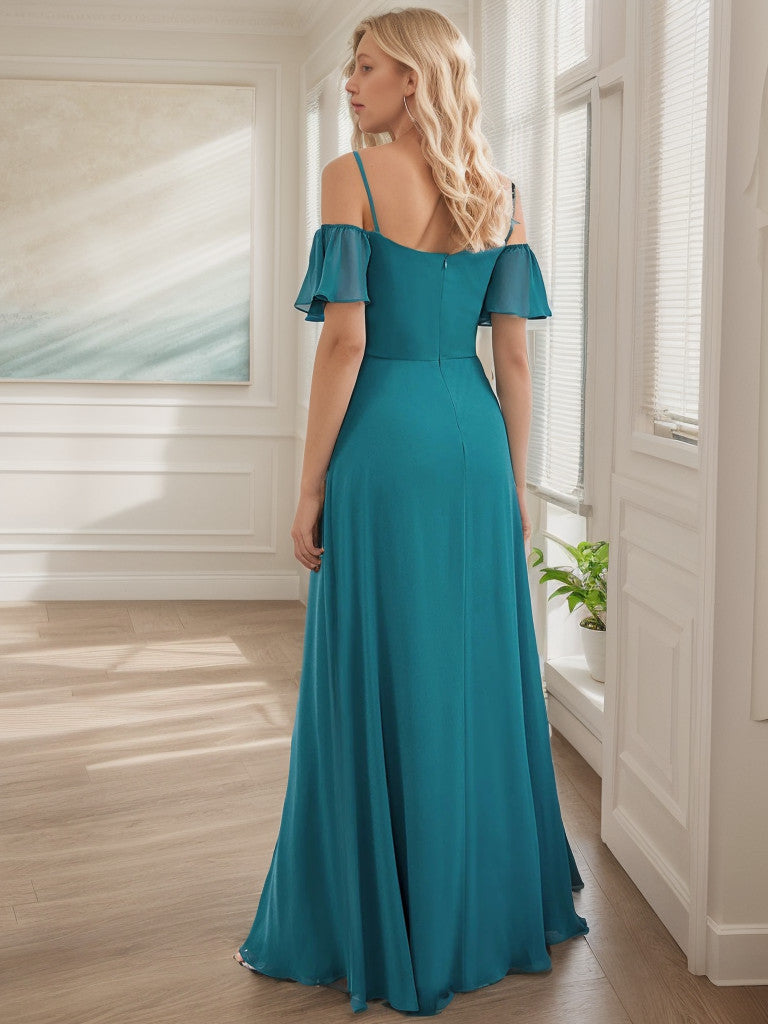 Weitese Chiffon Off-The-Shoulder Side Slit Bridesmaid Dress with sleeves