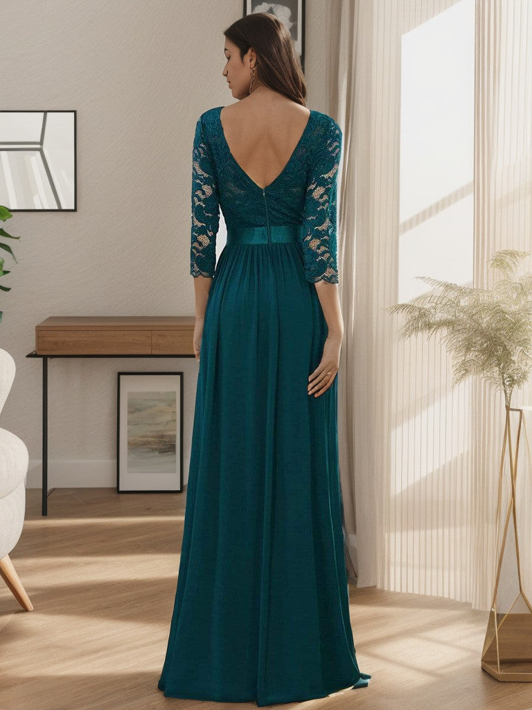 Weitese See-Through Floor Length Lace Chiffon Evening Dress with Half Sleeve