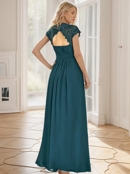 Weitese Classic Maxi Long Lace Cap Sleeve Bridesmaid Dress