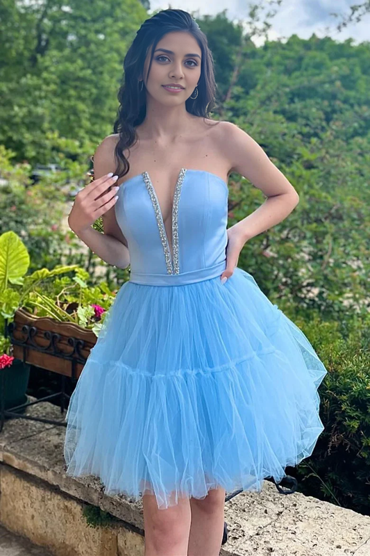 Tulle Backless Light Blue Strapless Lace-Up A-Line Homecoming Dress