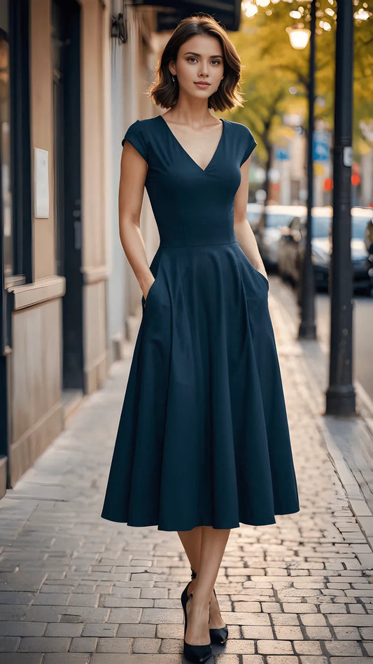 V Neck A-line Simple Tea-Length Short Sleeves Bridesmaid Prom Cocktail Dress With Pocket