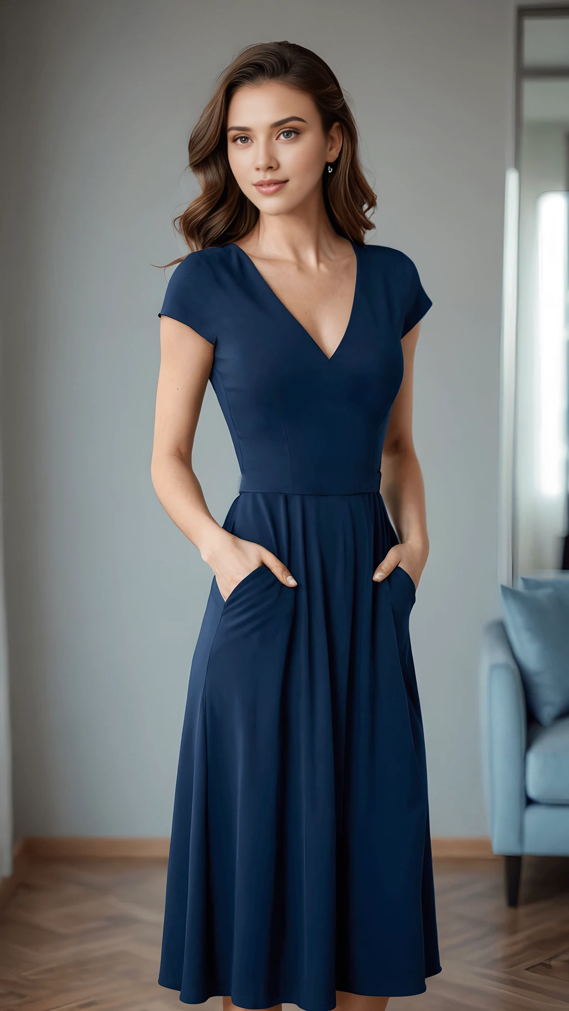 V Neck A-line Simple Tea-Length Short Sleeves Bridesmaid Prom Cocktail Dress With Pocket