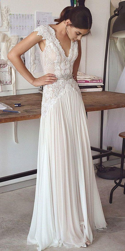 V Neck Beach Boho Wedding Dresses Backless Bohemian Lace Bridal Dress Gown