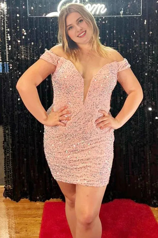 V Neck Iridescent Pink Sequin Off-the-Shoulder Short Party Homecoming Dress