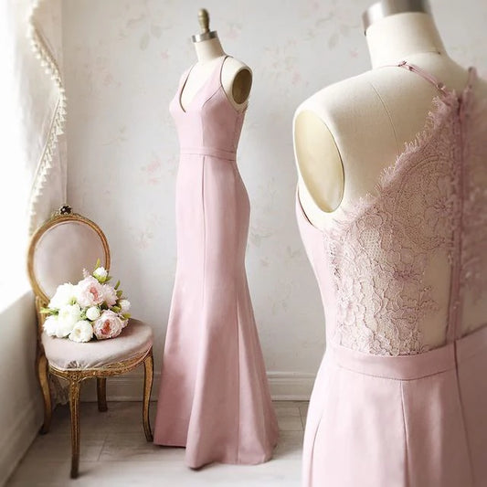 Off-the-Shoulder V Neck Mermaid Dusty Pink Floor Length Lace Bridesmaid Dress