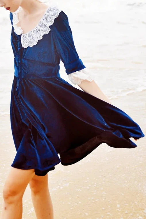 Velvet Dress Fall Lace Collar Short Sleeves Vintage Elegant Prom Dress Party Dress