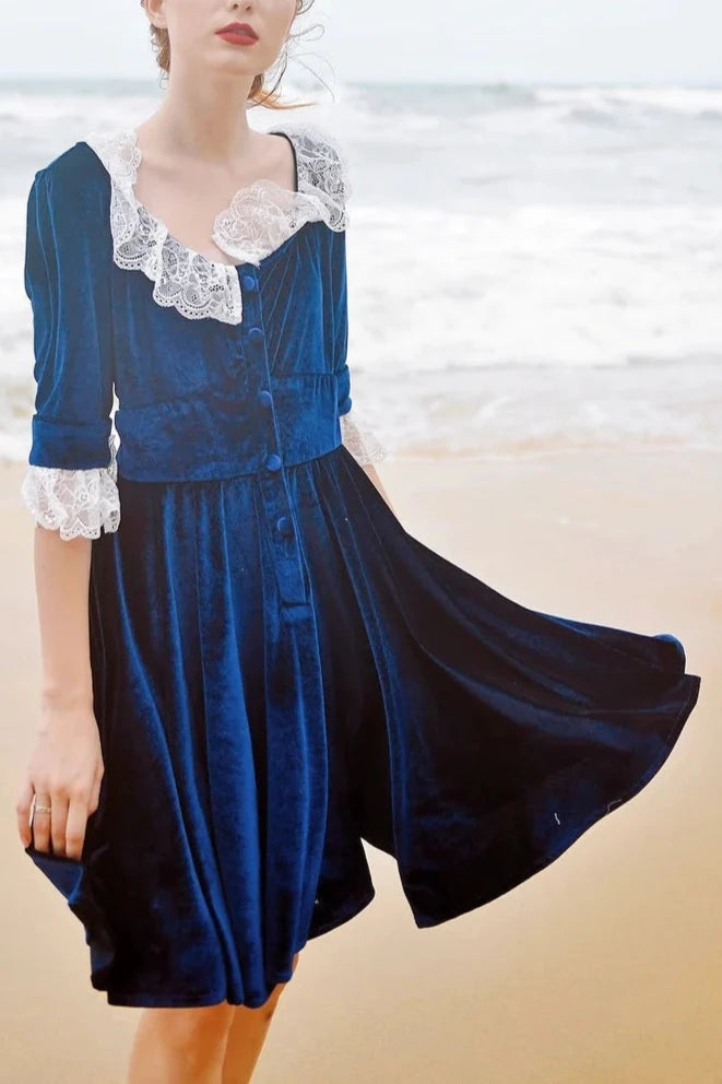 Velvet Dress Fall Lace Collar Short Sleeves Vintage Elegant Prom Dress Party Dress