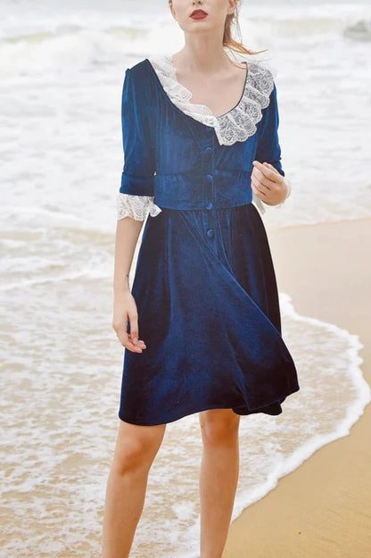 Velvet Dress Fall Lace Collar Short Sleeves Vintage Elegant Prom Dress Party Dress