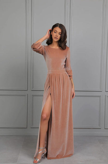 Velvet Dress Women Round Neck Dress Bridesmaid Dress Backless Dress Slit Dress Wedding Guest Evening Dress