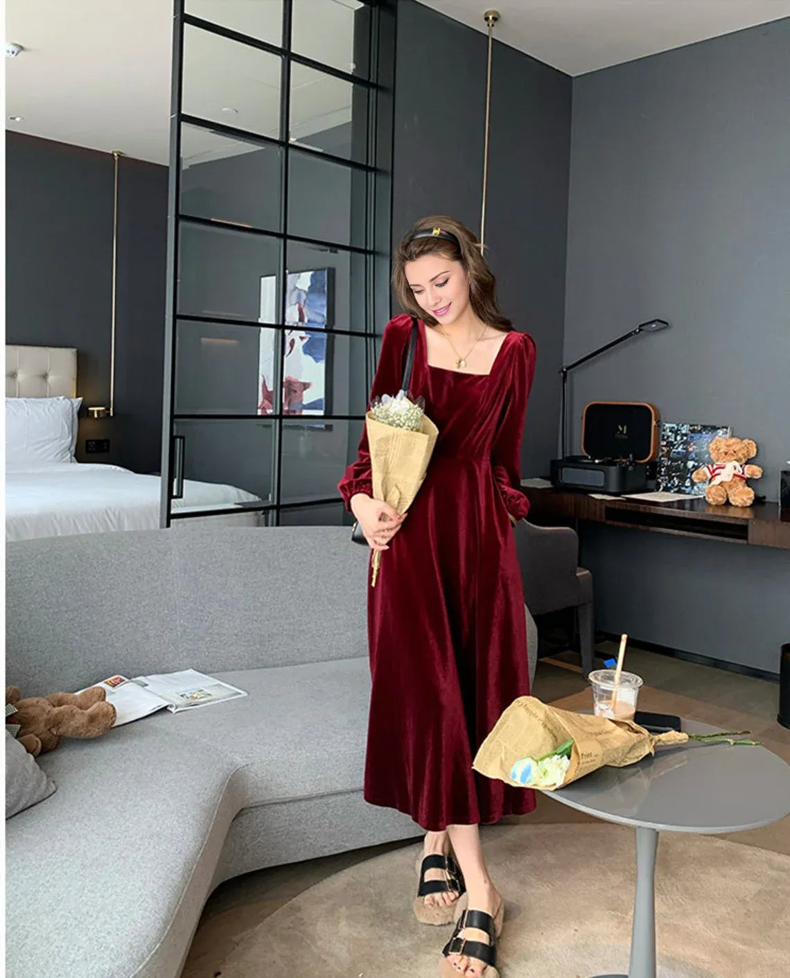 Velvet Dress for Women Velvet Midi Dress Black Burgundy Formal Dress Vintage Tea-Length Dress Bridesmaid Dresses Party Dress