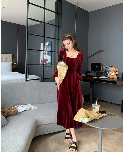 Velvet Dress for Women Velvet Midi Dress Black Burgundy Formal Dress Vintage Tea-Length Dress Bridesmaid Dresses Party Dress