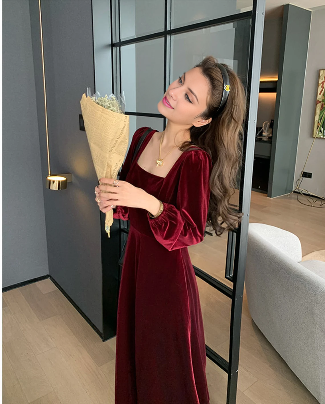 Velvet Dress for Women Velvet Midi Dress Black Burgundy Formal Dress Vintage Tea-Length Dress Bridesmaid Dresses Party Dress