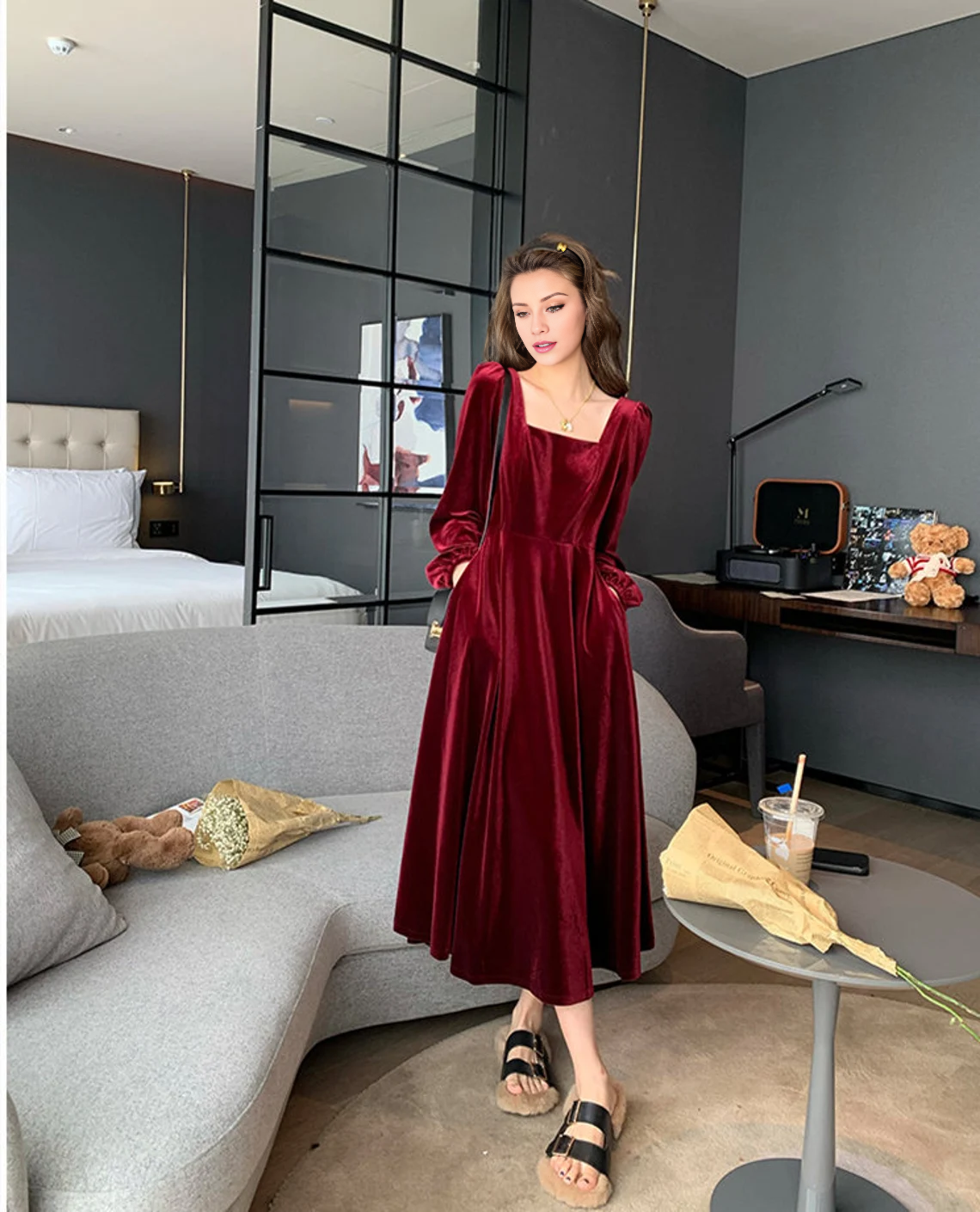 Velvet Dress for Women Velvet Midi Dress Black Burgundy Formal Dress Vintage Tea-Length Dress Bridesmaid Dresses Party Dress