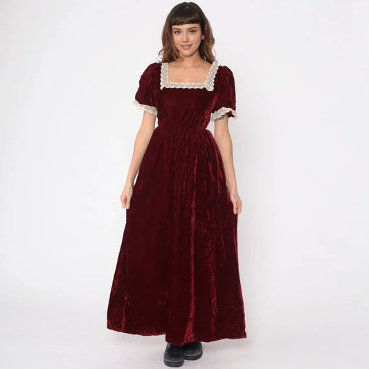 Velvet Maxi Dress Wine Red Party Gown Puff Sleeve Lace Trim Bohemian Prom Holiday Vintage