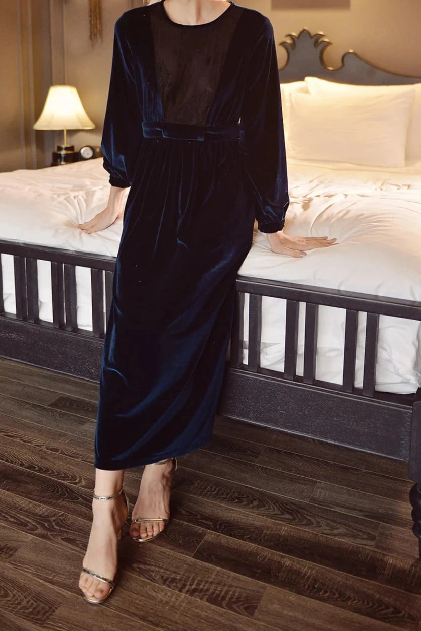 Velvet A Line Sweet Round Neck Long SleevesTea-Length Unique Party Prom Cocktail Dress