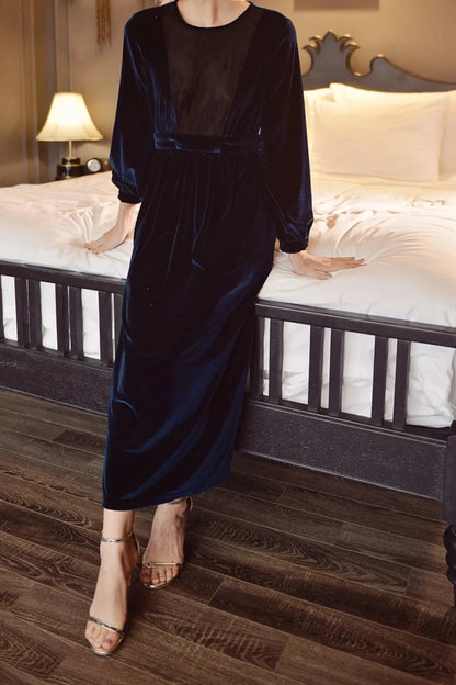 Velvet A Line Sweet Round Neck Long SleevesTea-Length Unique Party Prom Cocktail Dress