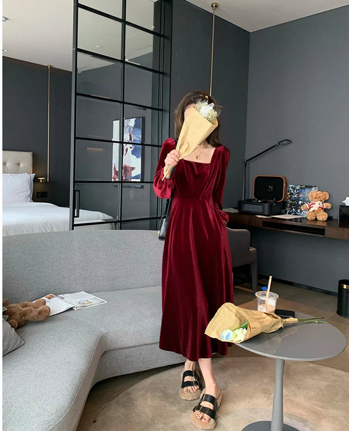 Velvet Dress for Women Velvet Midi Dress Black Burgundy Formal Dress Vintage Tea-Length Dress Bridesmaid Dresses Party Dress