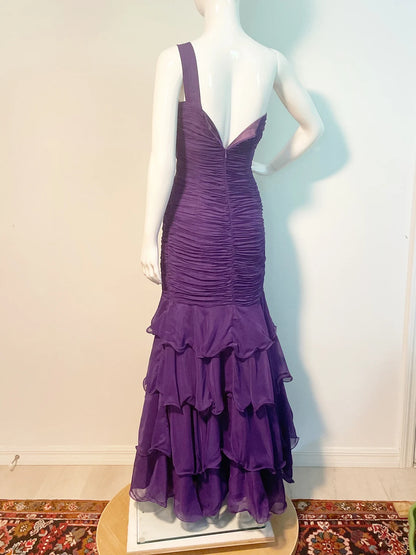 Vintage Elegance One-Shoulder Sleeveless Mermaid Multi Layer Ruffle Bridesmaid Prom Party Dress