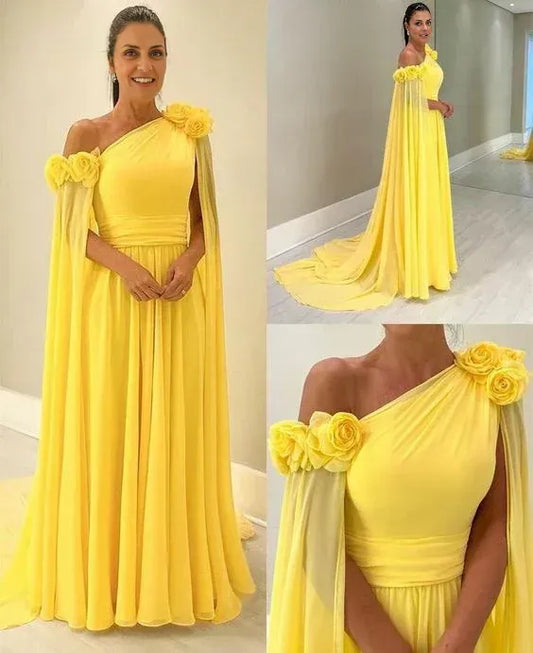 Vintage One Shoulder Evening Desses With Flower A-Line Floor Length Sweep Train Mother of the Bride Dress