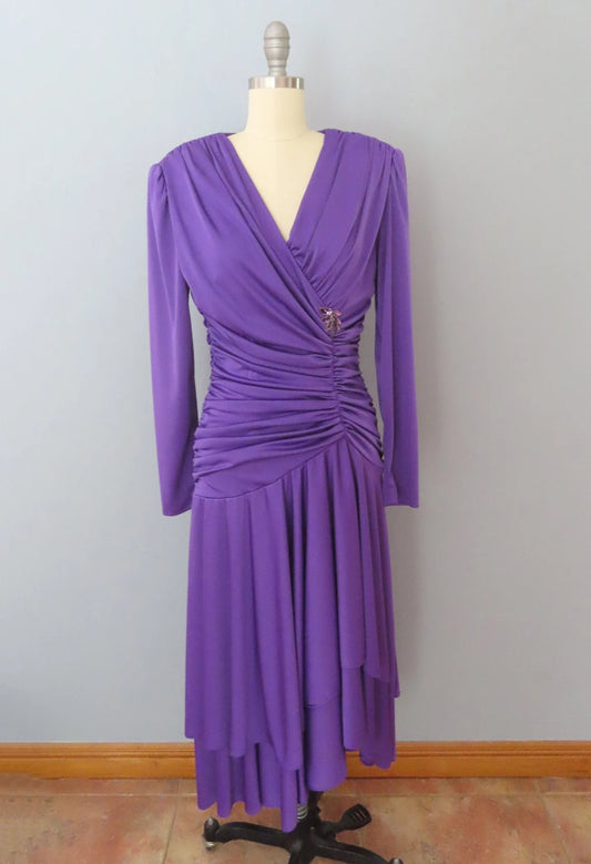 Vintage Purple Beaded Sequin Cocktail Dress V Neck Long Sleeves Party Dress Pleated Bridesmaid Dress