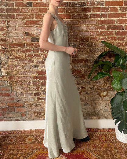 Vintage Sage Evenings Floor Length Maxi Dress Embroidered Beaded Bodice Formal Gown V Neck Sleeveless Prom Dress