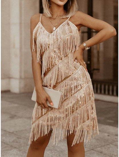 Weitese Women's Gold Sequin Dress Fringe Dress Gold Dress Party Dress Sparkly Dress Christmas Dress Mini Dress Sleeveless Tassel Spring Fall Winter Spaghetti Strap Fashion Winter Dress Evening