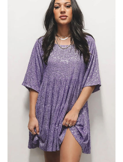 Women's Silver Sequin Dress Party Dress Sparkly Dress Homecoming Dress Mini Dress Black Purple Half Sleeve Summer Spring Fall Crew Neck Summer Dress