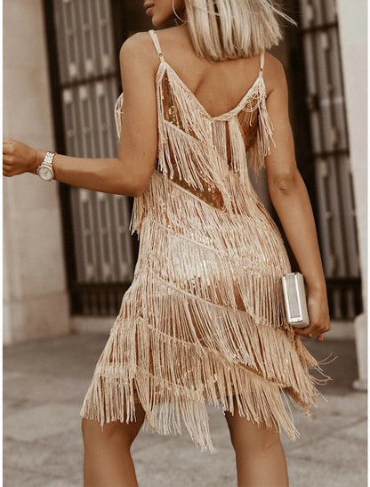 Weitese Women's Gold Sequin Dress Fringe Dress Gold Dress Party Dress Sparkly Dress Christmas Dress Mini Dress Sleeveless Tassel Spring Fall Winter Spaghetti Strap Fashion Winter Dress Evening