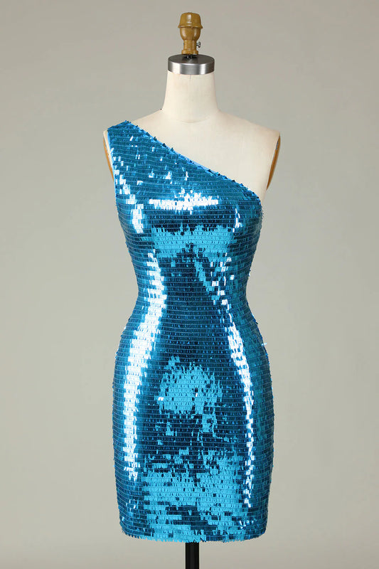 Royal Blue One Shoulder Glitter Sequins Tight Hoco Dress