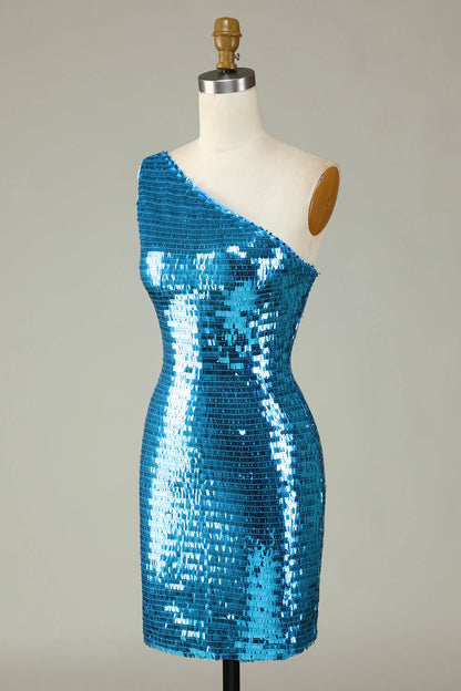 Royal Blue One Shoulder Glitter Sequins Tight Hoco Dress