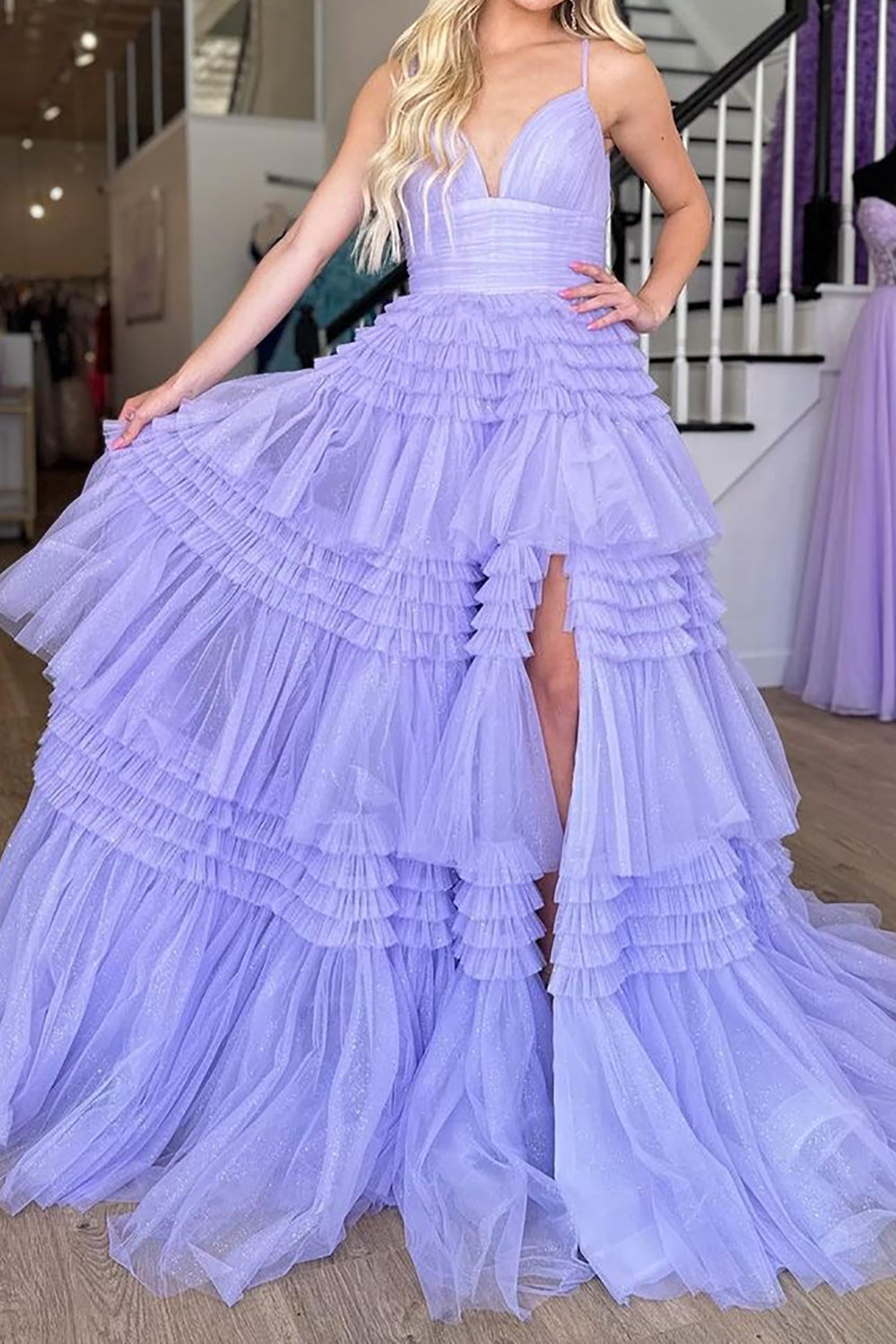 Weitese Gorgeous A Line Spaghetti Straps Lilac Long Prom Dress with Ruffles