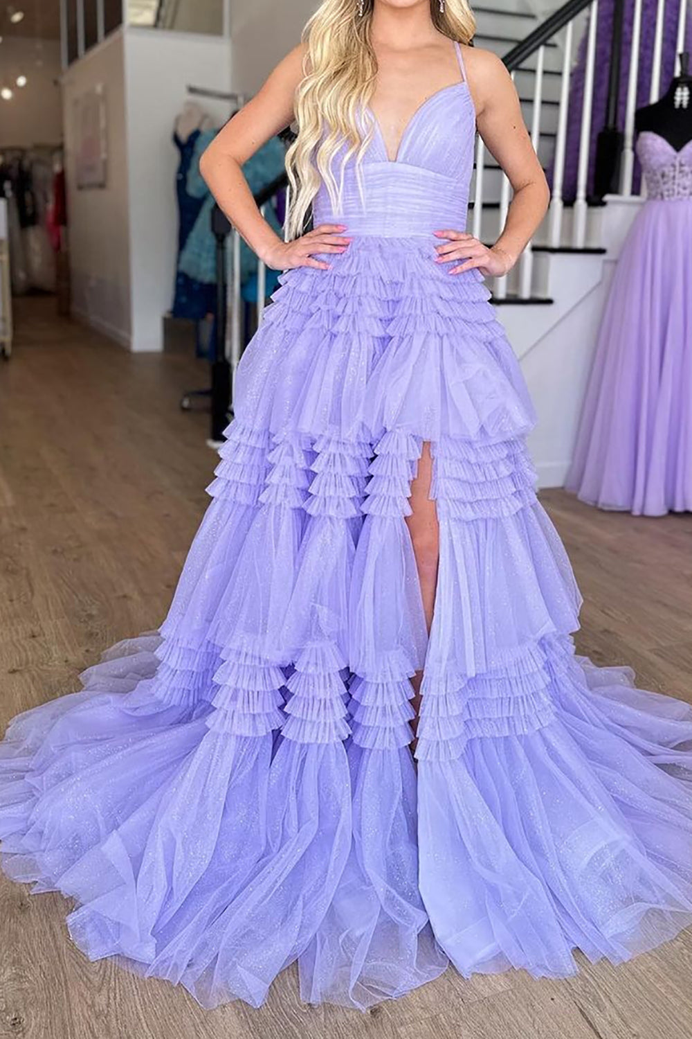 Weitese Gorgeous A Line Spaghetti Straps Lilac Long Prom Dress with Ruffles