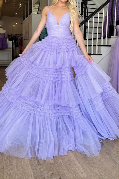 Weitese Gorgeous A Line Spaghetti Straps Lilac Long Prom Dress with Ruffles