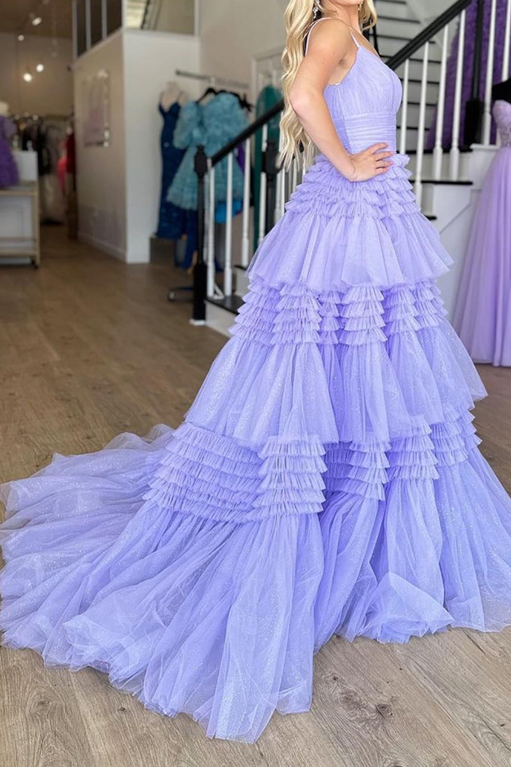 Weitese Gorgeous A Line Spaghetti Straps Lilac Long Prom Dress with Ruffles