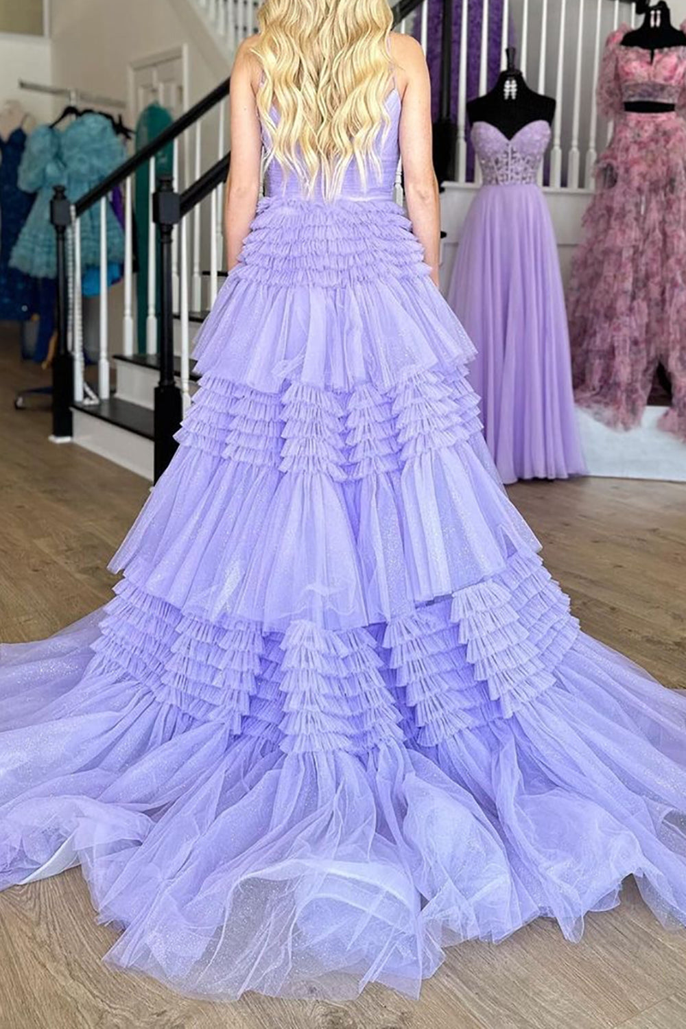 Weitese Gorgeous A Line Spaghetti Straps Lilac Long Prom Dress with Ruffles