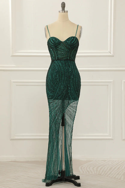 Sequin Sparkly Dark Green Prom Dress With Slit