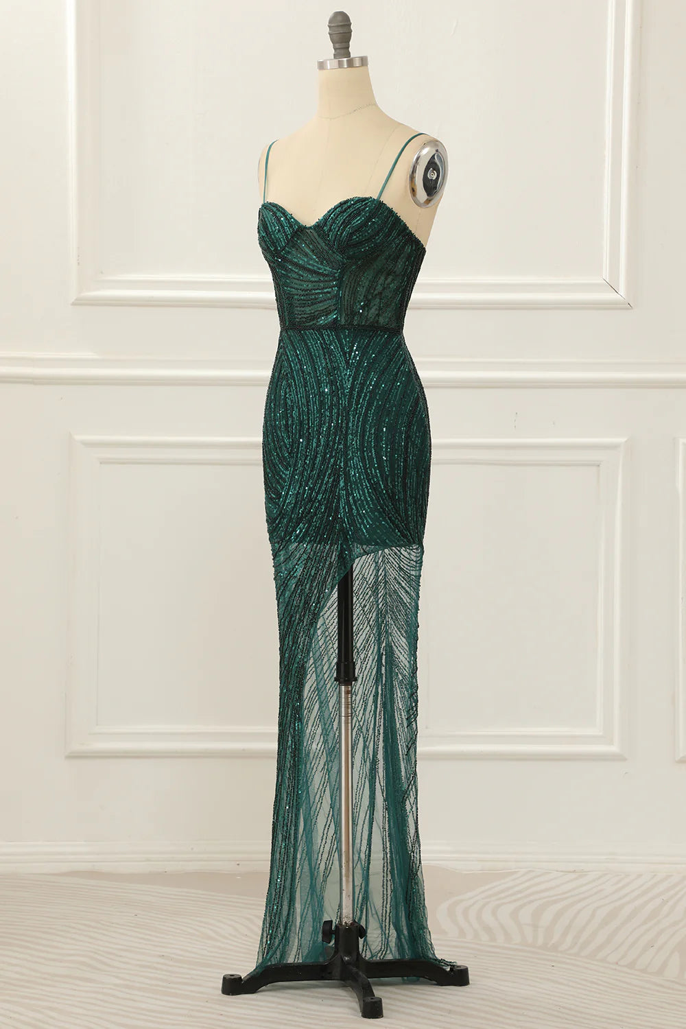 Sequin Sparkly Dark Green Prom Dress With Slit