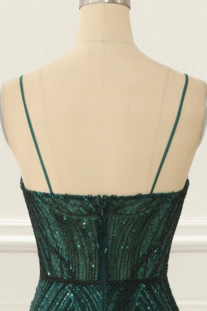 Sequin Sparkly Dark Green Prom Dress With Slit