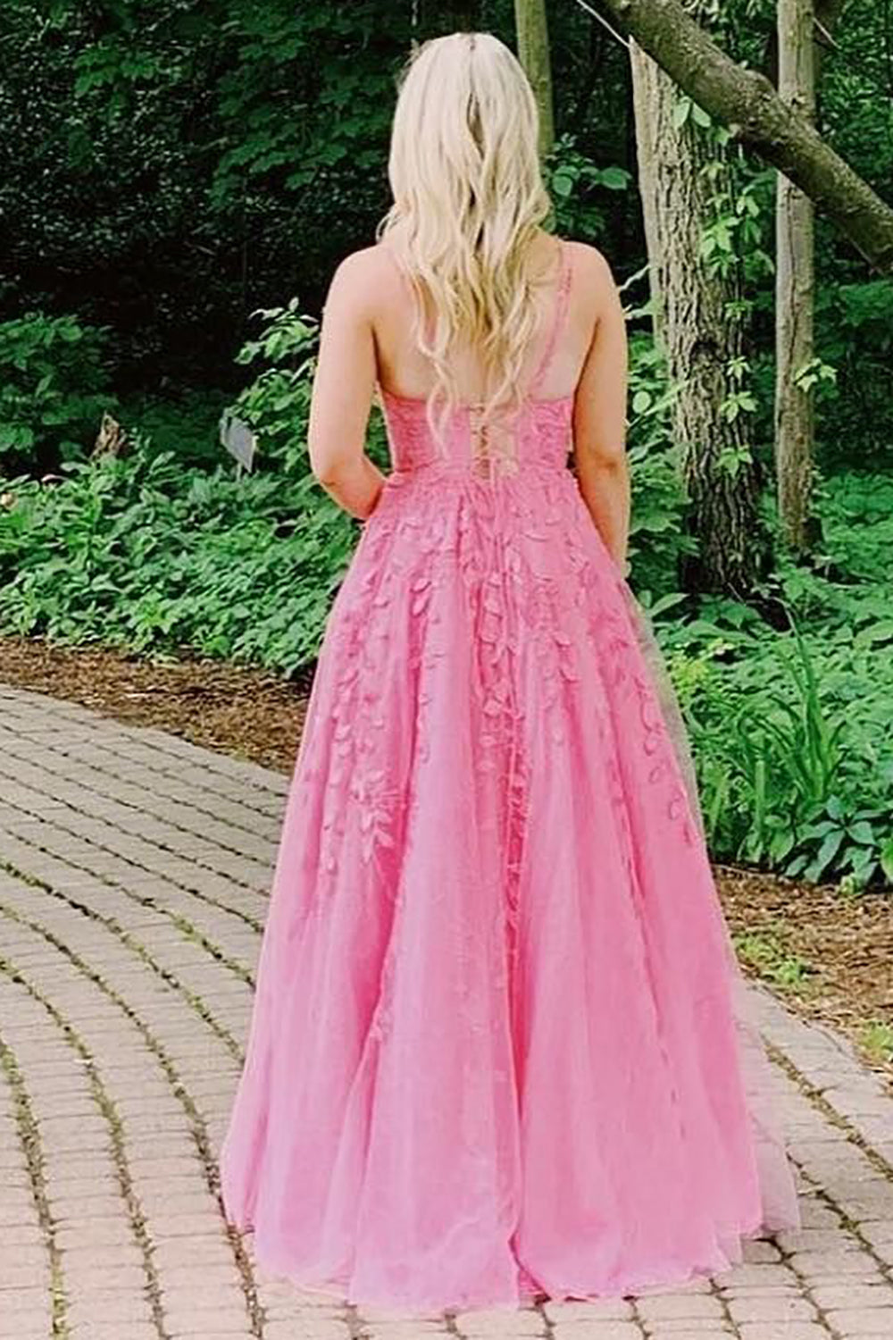 Weitese Gorgeous A Line Spaghetti Straps Pink Long Prom Dress with Appliques