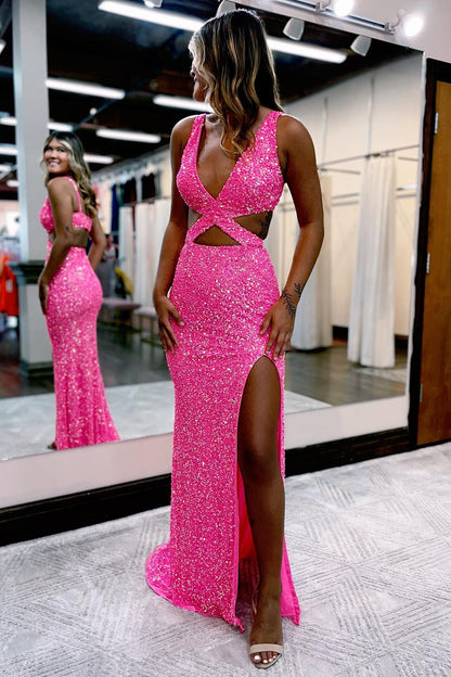 Weitese Sheath Deep V Neck Hot Pink Sequins Long Prom Dresses with Split Front