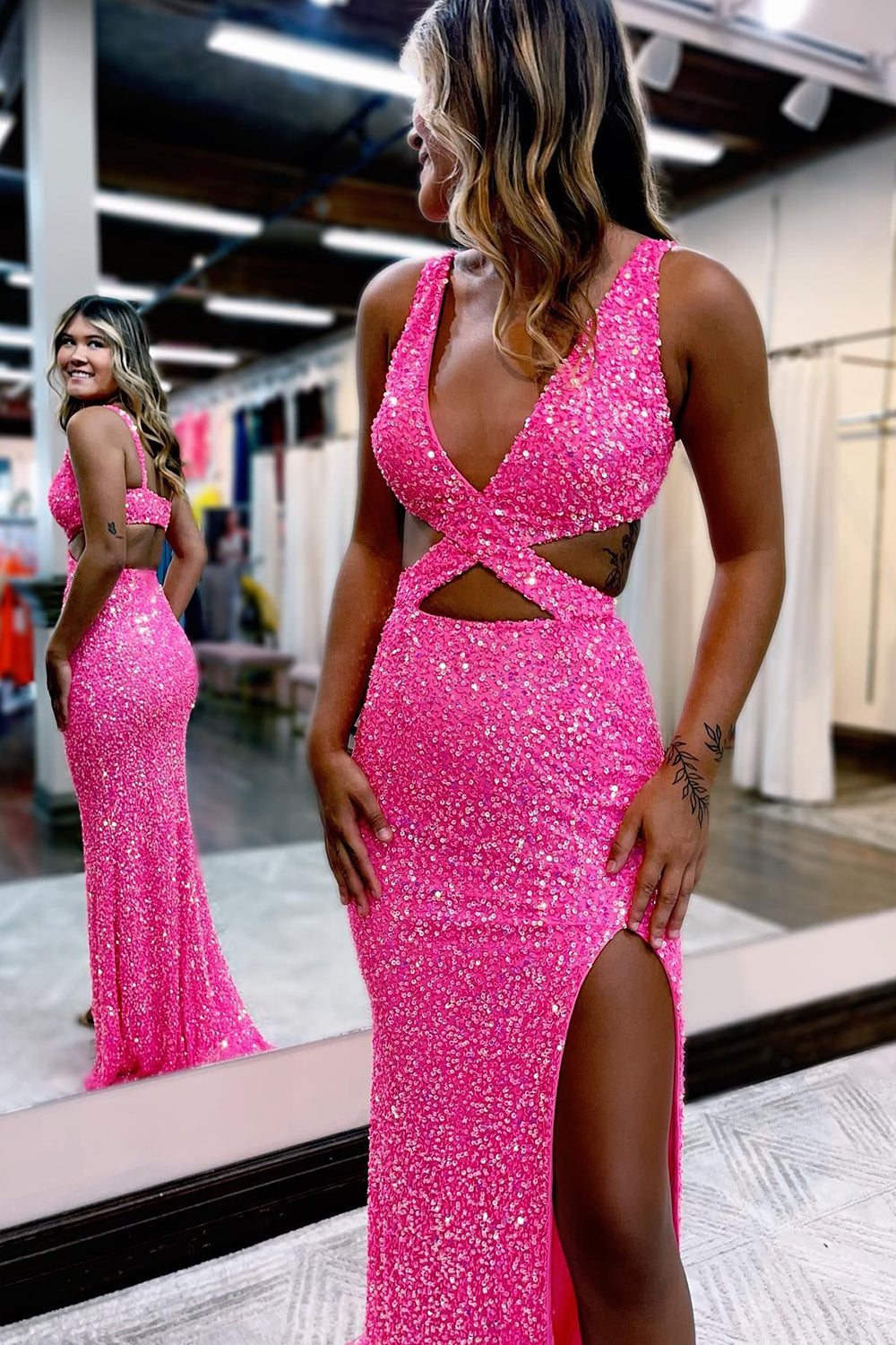 Weitese Sheath Deep V Neck Hot Pink Sequins Long Prom Dresses with Split Front