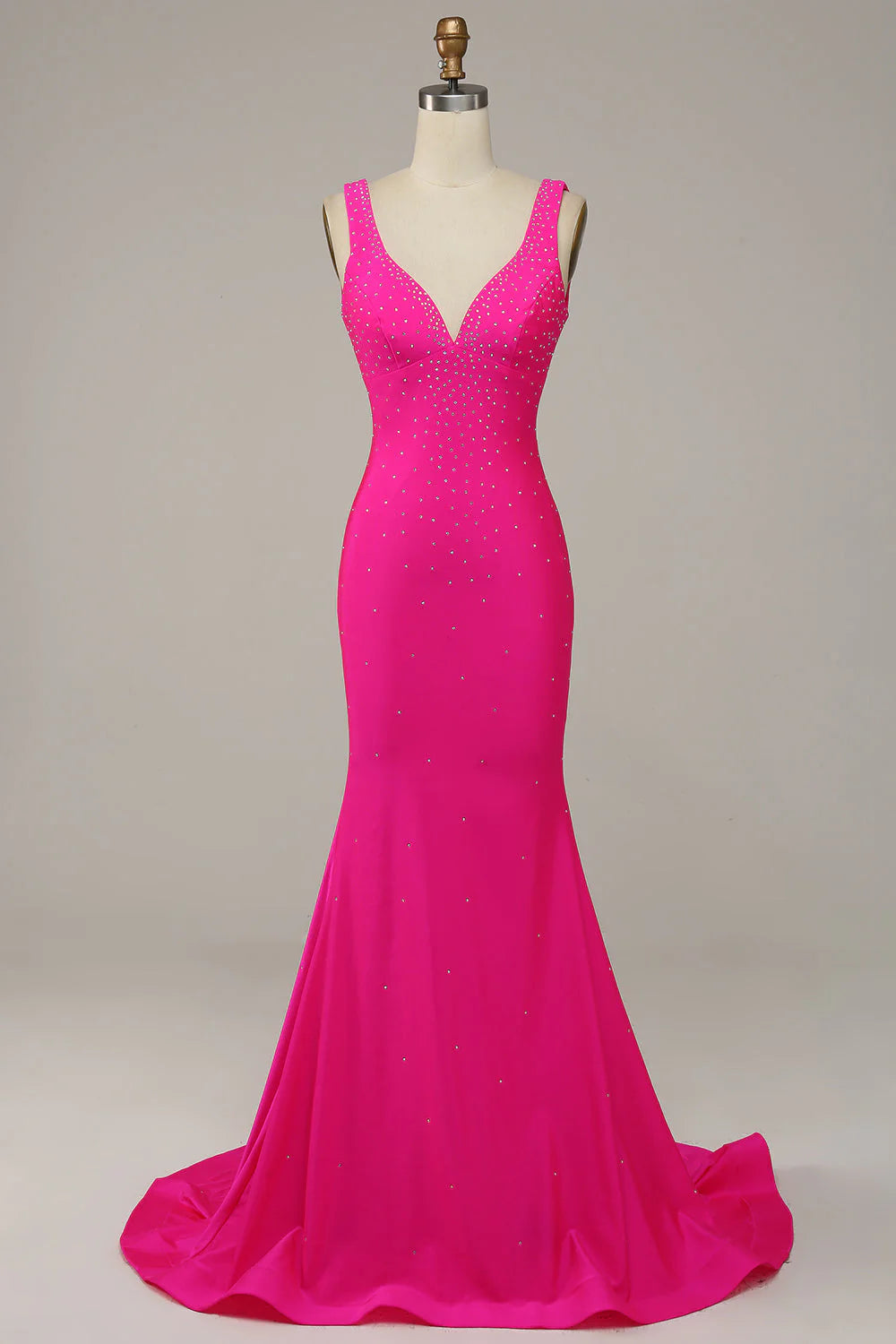 Mermaid V-Neck Beaded Fuchsia  Prom Dress