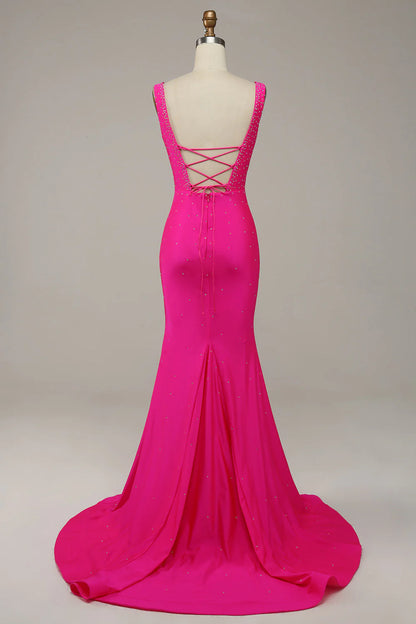 Mermaid V-Neck Beaded Fuchsia  Prom Dress