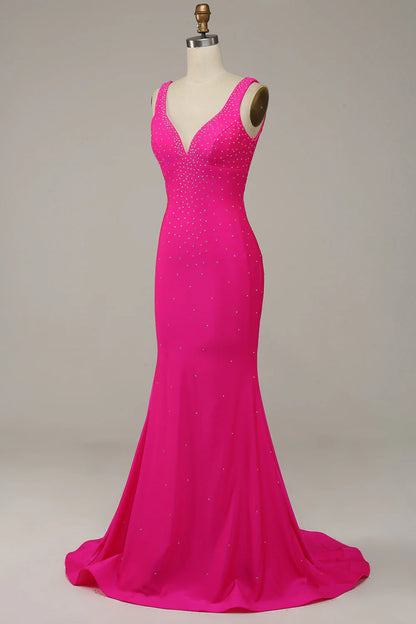 Mermaid V-Neck Beaded Fuchsia  Prom Dress