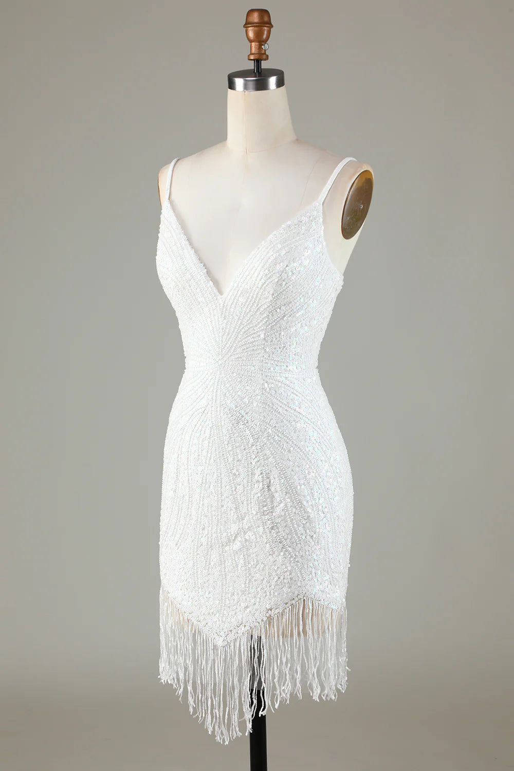 White Fringes Tight Glitter Homecoming Dress With Lace-Up Back