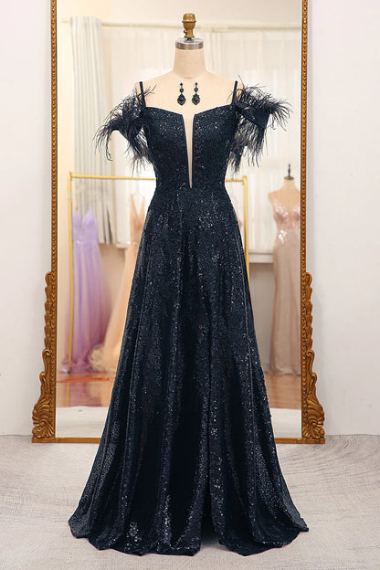 A Line Corset Long Glitter Black  Prom Dress With Feather