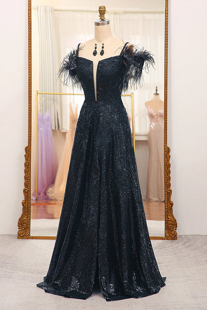 A Line Corset Long Glitter Black  Prom Dress With Feather