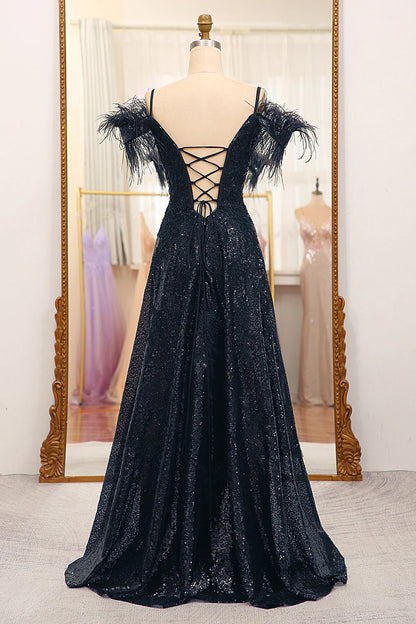 A Line Corset Long Glitter Black  Prom Dress With Feather