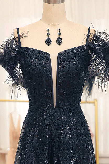 A Line Corset Long Glitter Black  Prom Dress With Feather